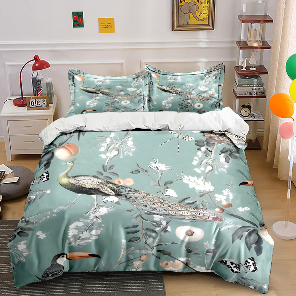 Aesthetic Floral Duvet Cover - 3-delige beddengoedset met pauw- en bloemenmotief,
