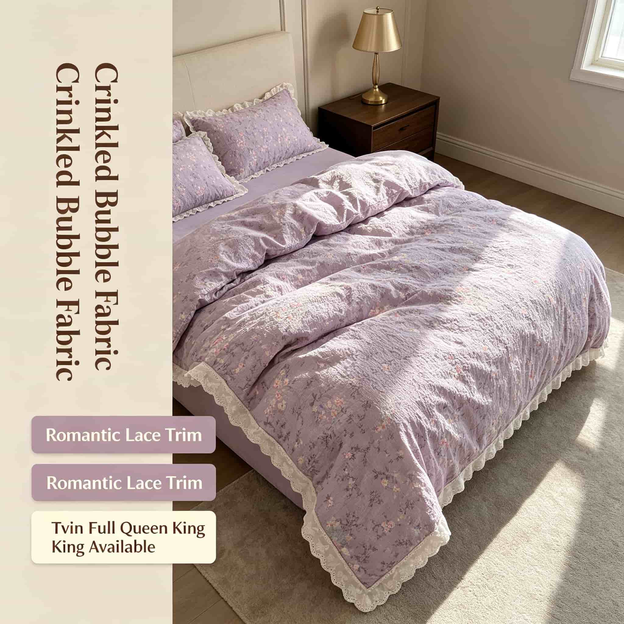 Aesthetic Floral Duvet Cover - Beddengoedsets met ruches en bloemenmotief, paarse,