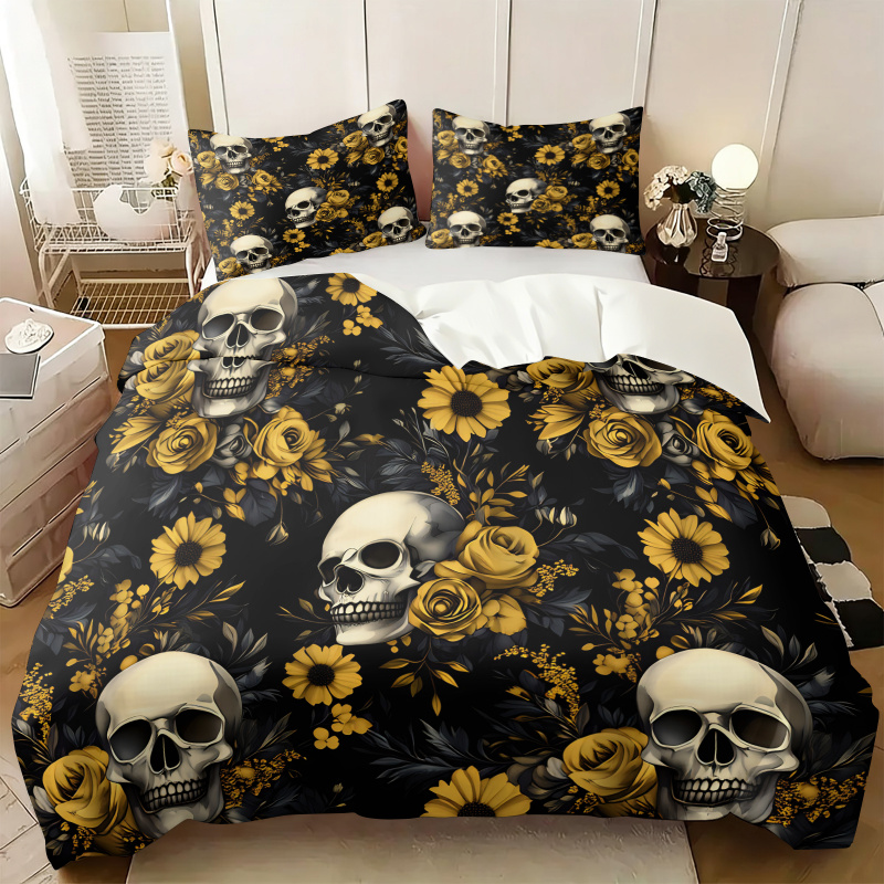 Aesthetic Floral Duvet Cover - Donkere esthetische schedel gele bloemen dekbedovertrekset