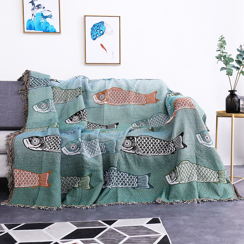 Boho Throw Blanket Fringe - Koi Fish Jacquard geweven deken Boho